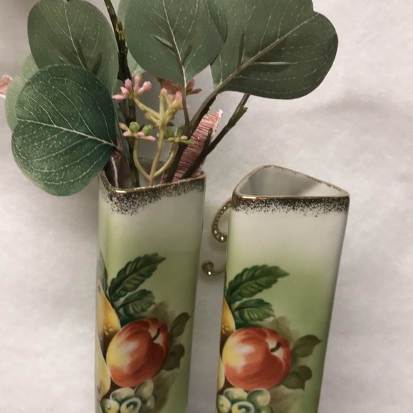 VINTAGE WALL VASES Green porcelain with gilded gold painted vintage fruit set 2 - Picture 12 of 16
